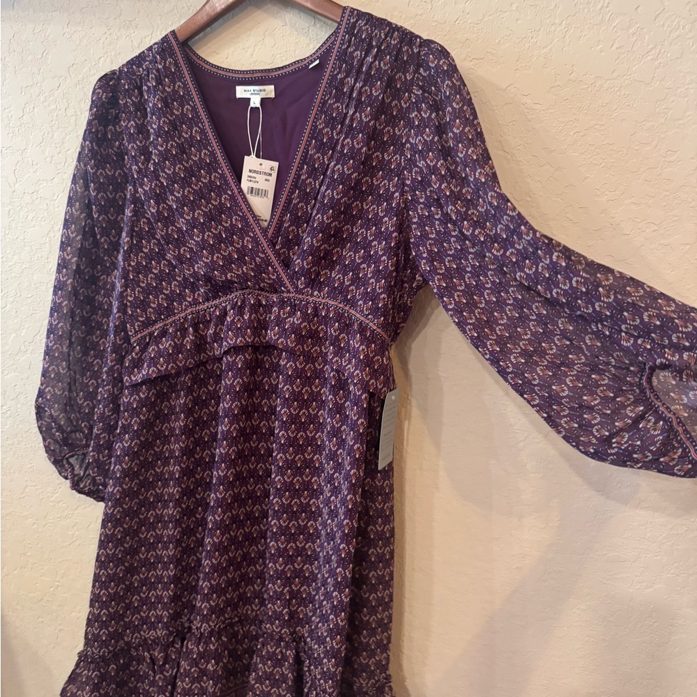 Max Studio Blue and Purple Smocked Sundress with Bishop Sleeves